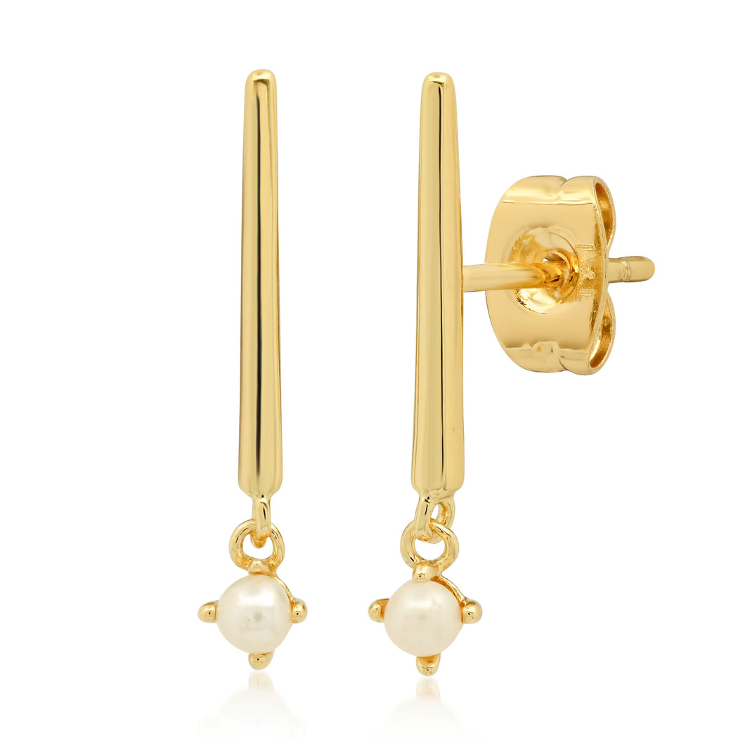 Gold Bar Post Earring with Pearl Dangle