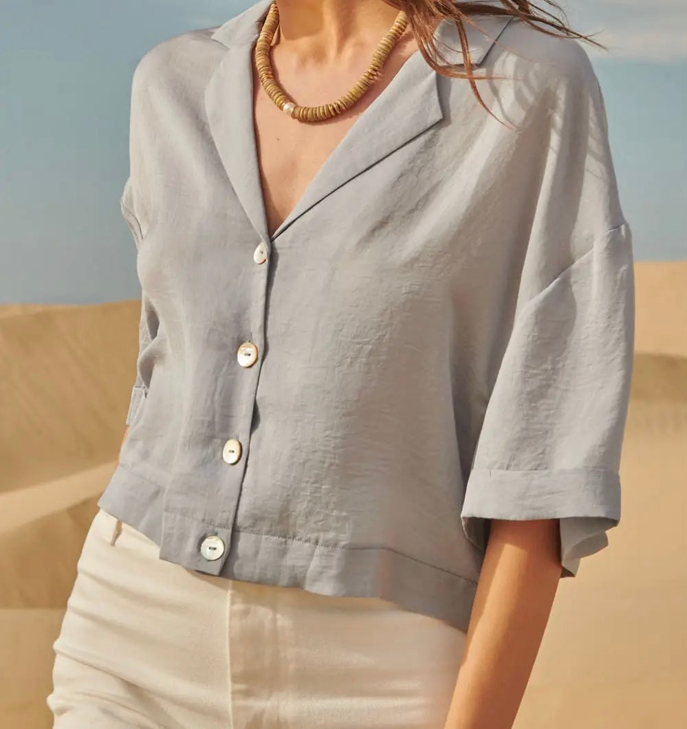 Solid Semi-Sheer Short Sleeve Button-Up Shirt