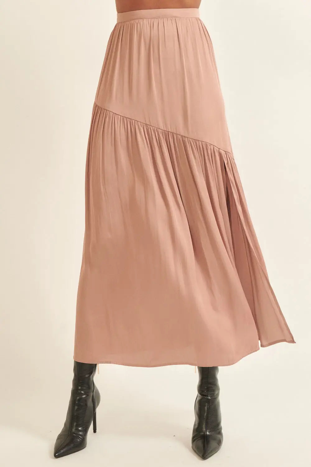 Solid Banded Front Gathered Tiered Maxi Skirt (Ash Blush)